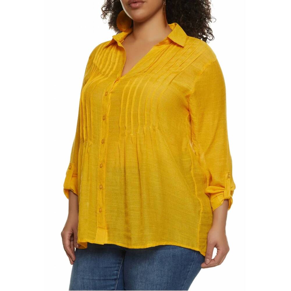 NEW AUDREY LANE pleated button blouse in mustard yellow